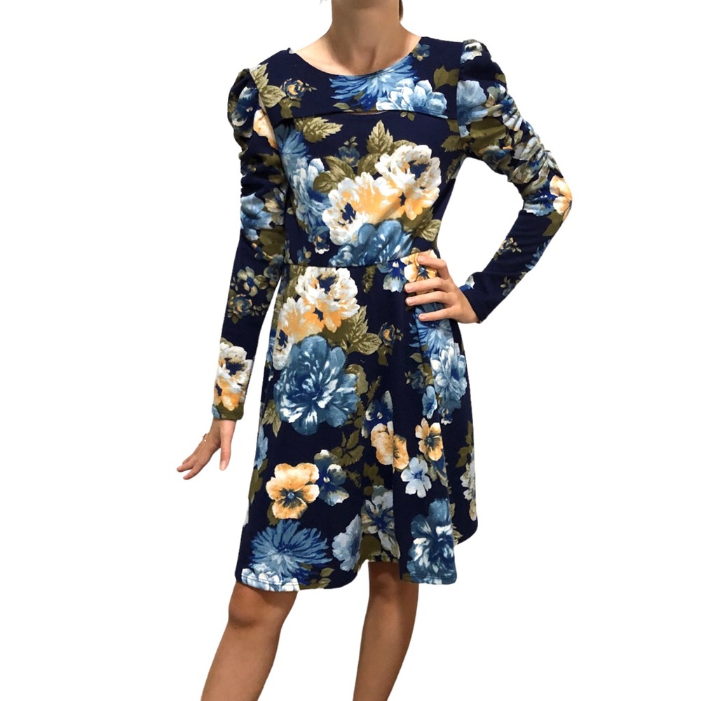 XTRAORDINARY Dress Blue Floral Size 10 Long Sleeve A-Line Tie Waist Soft